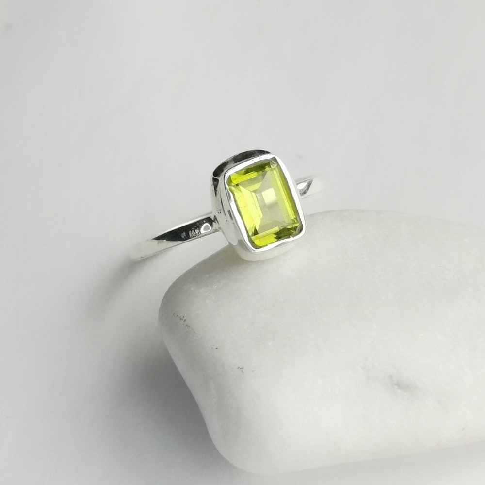 Peridot Gemstone Ring Emerald Cut Sterling Silver Size 6
